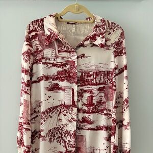 Zara red & white silky button-down size small